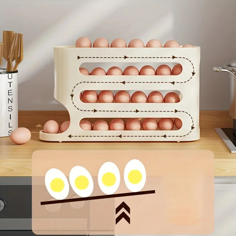 1pc Space-Saving Egg Storage Organizer with Automatic Rolling Eggs - Heavy-Duty Refrigerator Egg Box,